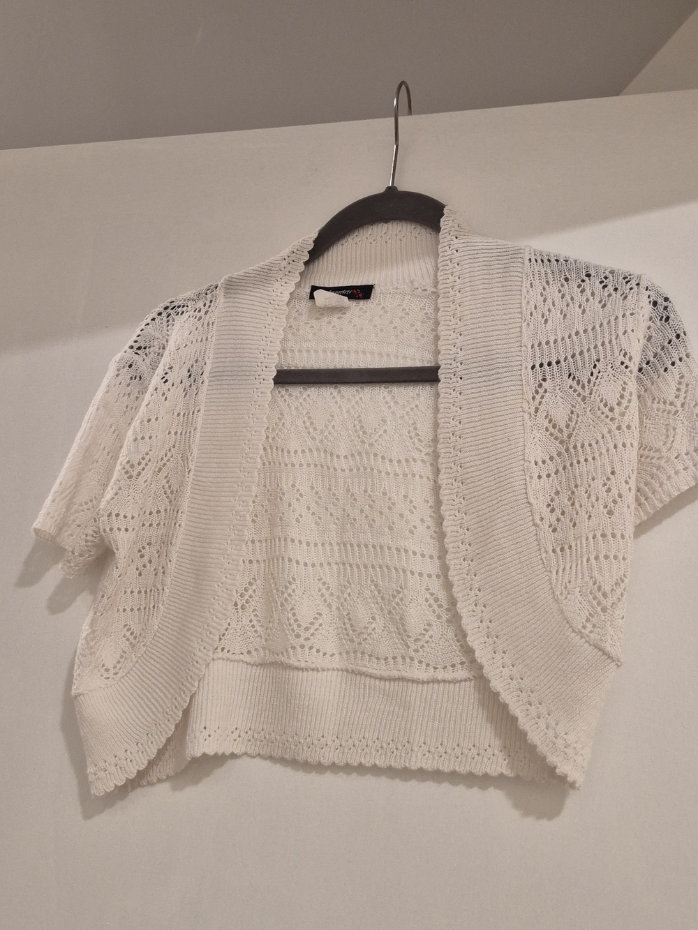 Women's White Open-Knit Cropped Cardigan Sweater